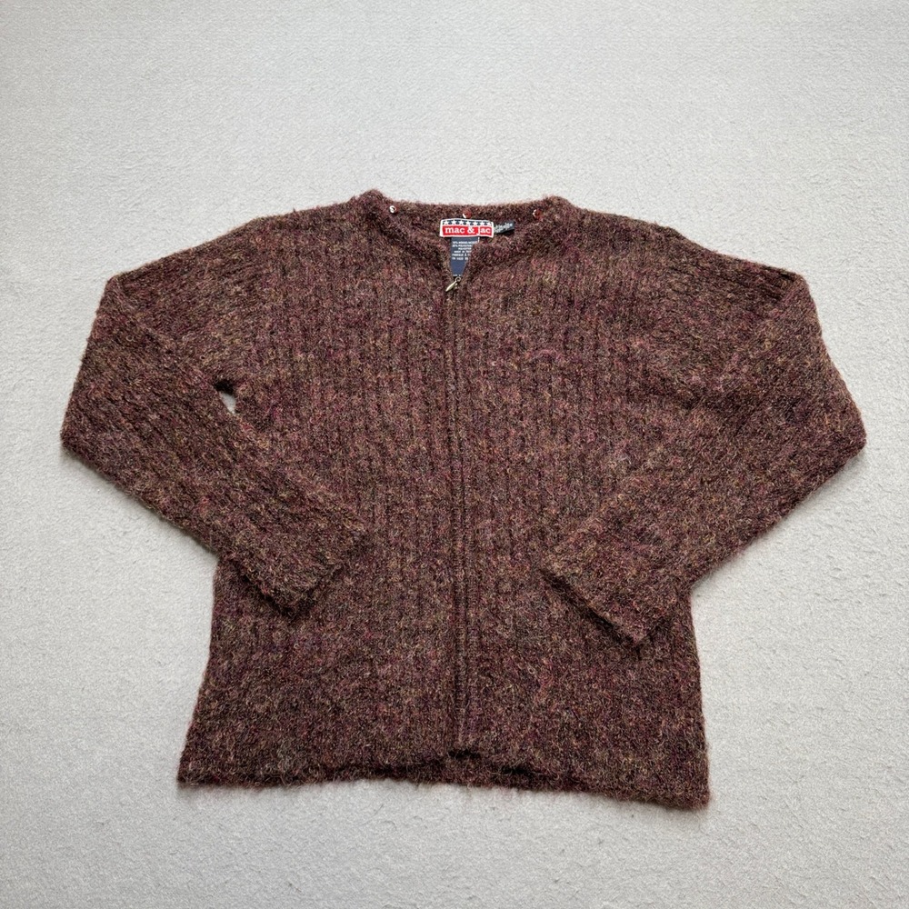 Mac & Jac Mohair Sweater Women's XS Burgundy Full Zip Fuzzy Shaggy Knit Sweater